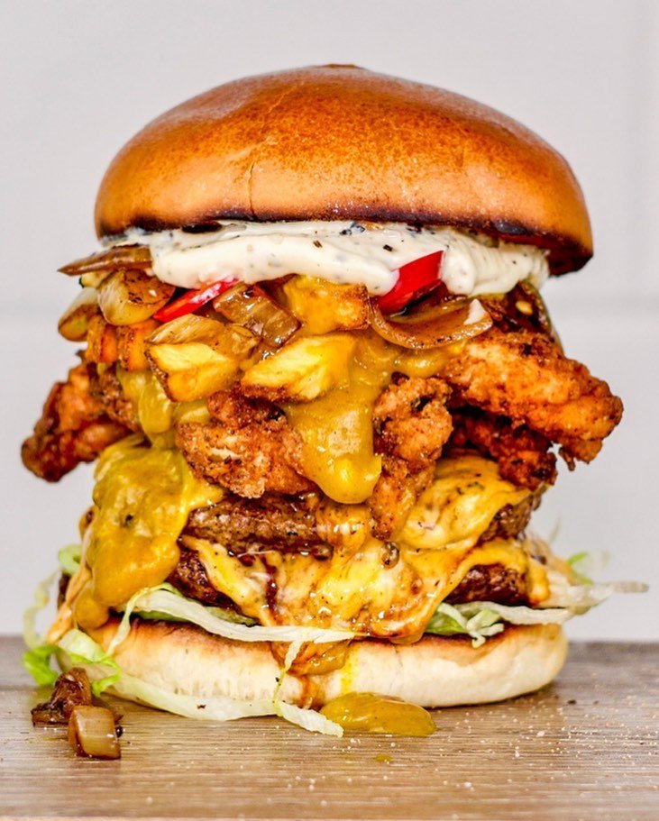 Tower chicken burger with gooey cheese and Mayo